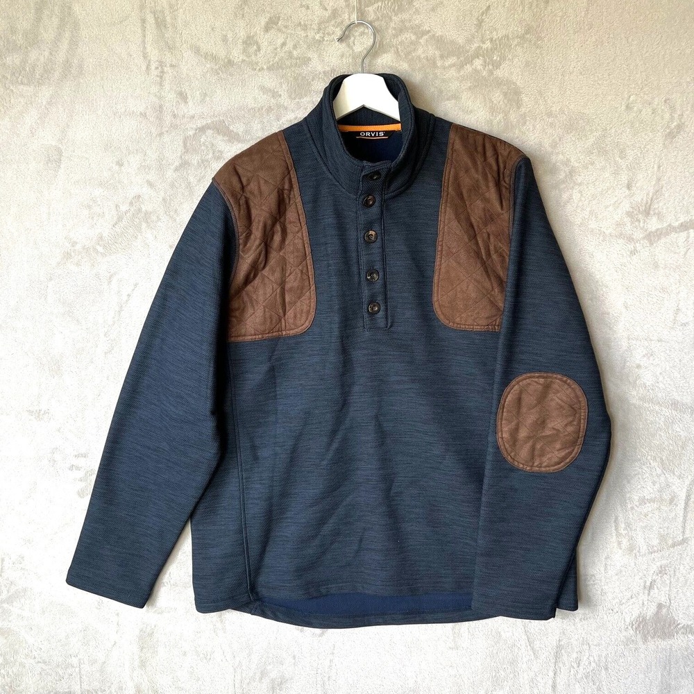 Men's Orvis Sharptail‎ Quarter Button Patch Fleece Sweater Blue Size Large